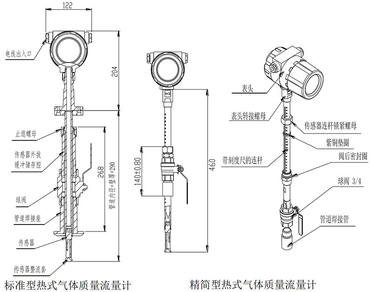 熱式氣體質(zhì)量流量計(jì)插入式結(jié)構(gòu)尺寸圖