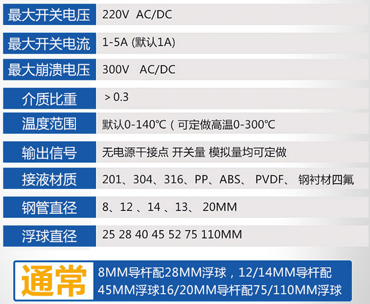 浮球液位計技術(shù)參數(shù)對照表